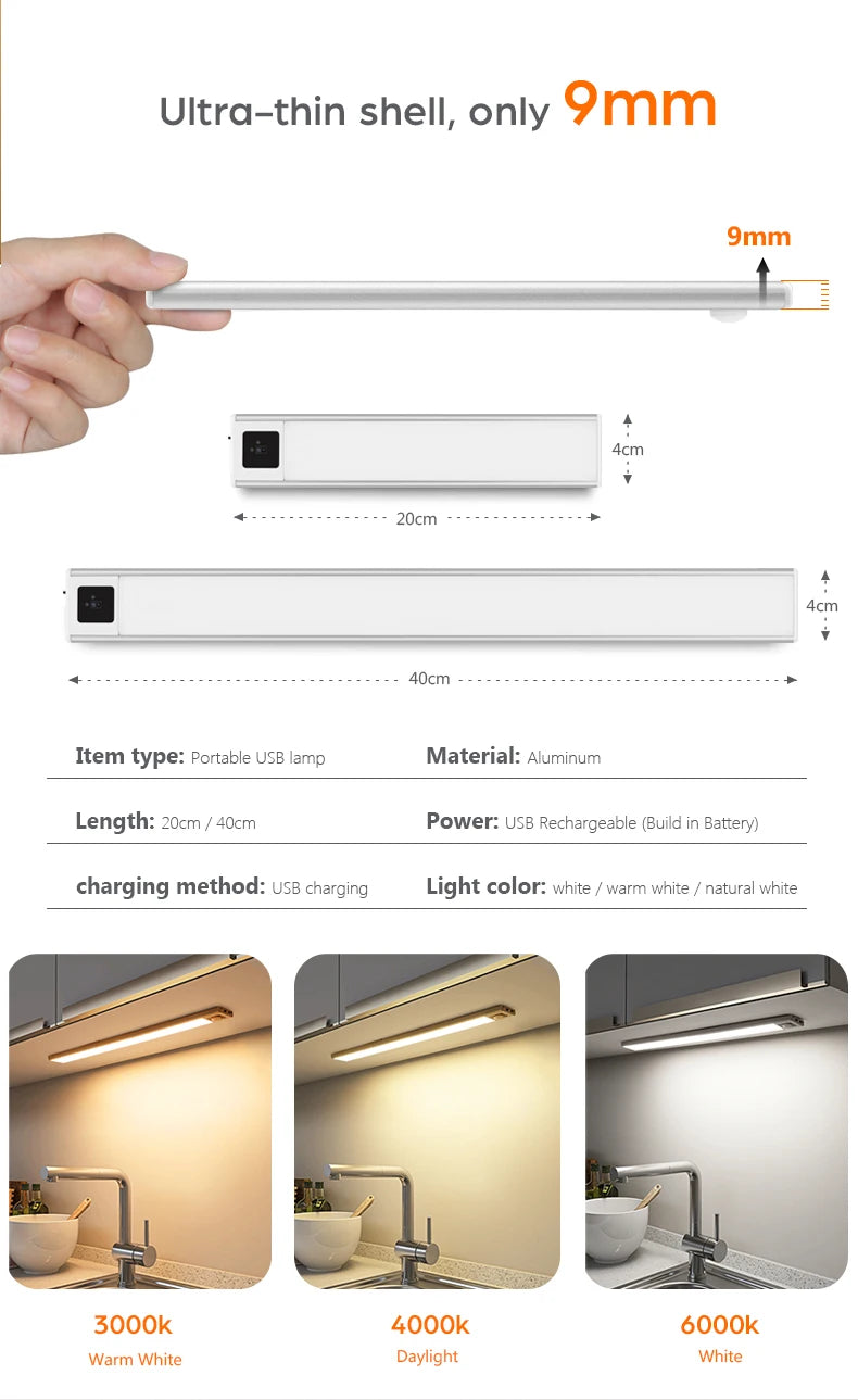 Shoppikala USB rechargeable motion sensor LED cabinet light illuminating a modern kitchen cabinet interior