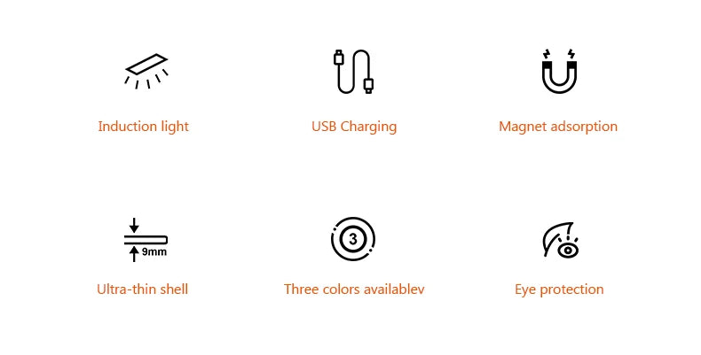Shoppikala USB rechargeable motion sensor LED cabinet light illuminating a dark kitchen cabinet interior.