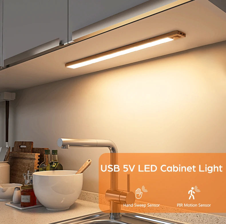 USB rechargeable motion sensor LED cabinet light by Shoppikala, showing compact design with built-in motion detector and USB charging port.