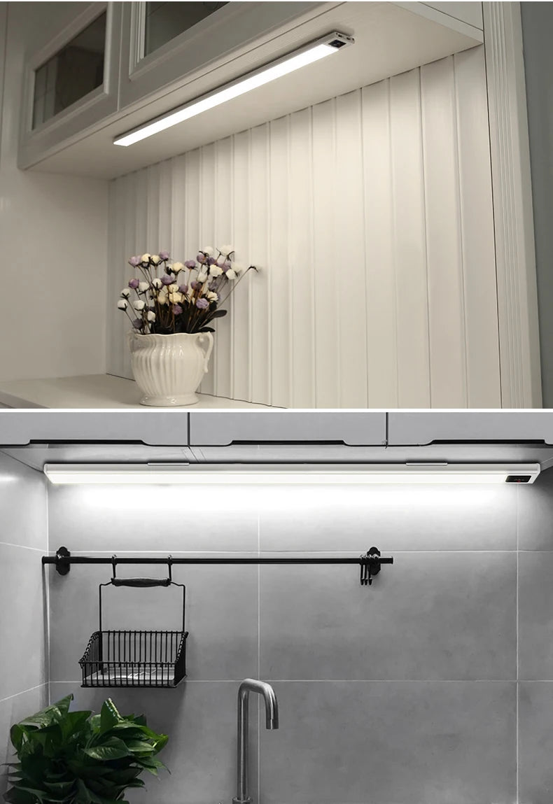 USB rechargeable motion sensor LED cabinet light by shoppikala, showing compact design with motion detection sensor and built-in rechargeable battery.