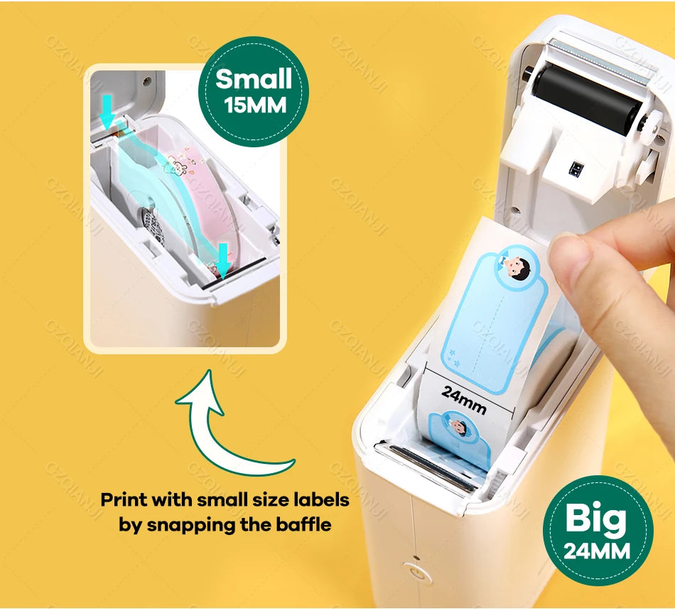 Shoppikala NiiMBOT D101 D110 Plus thermal label printer showing paper labels and compact design for price tagging.