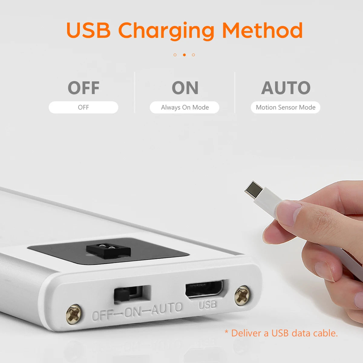 Shoppikala USB rechargeable motion sensor LED cabinet light illuminating a kitchen cabinet interior.