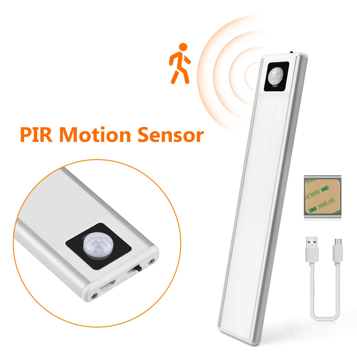 USB rechargeable motion sensor LED cabinet light by shoppikala, showing compact design with built-in sensor and rechargeable port.