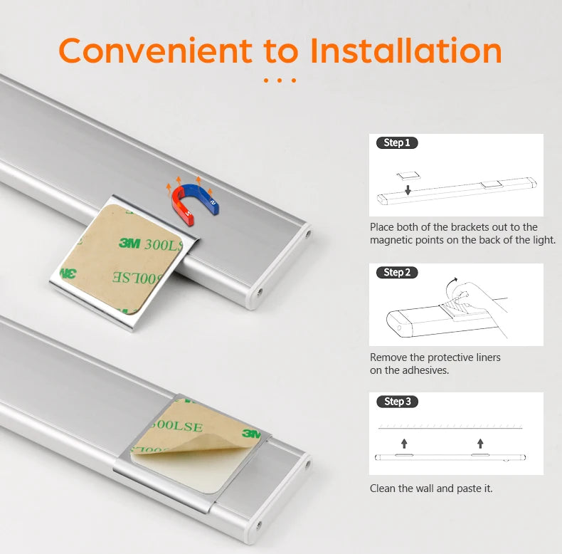 Shoppikala USB rechargeable motion sensor LED cabinet light illuminating a wooden cabinet interior with motion detection.