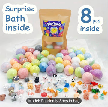 Colorful shoppikala Magic Surprise Bath Bombs floating in water with vibrant swirls and fizzing bubbles, creating a relaxing bath experience.