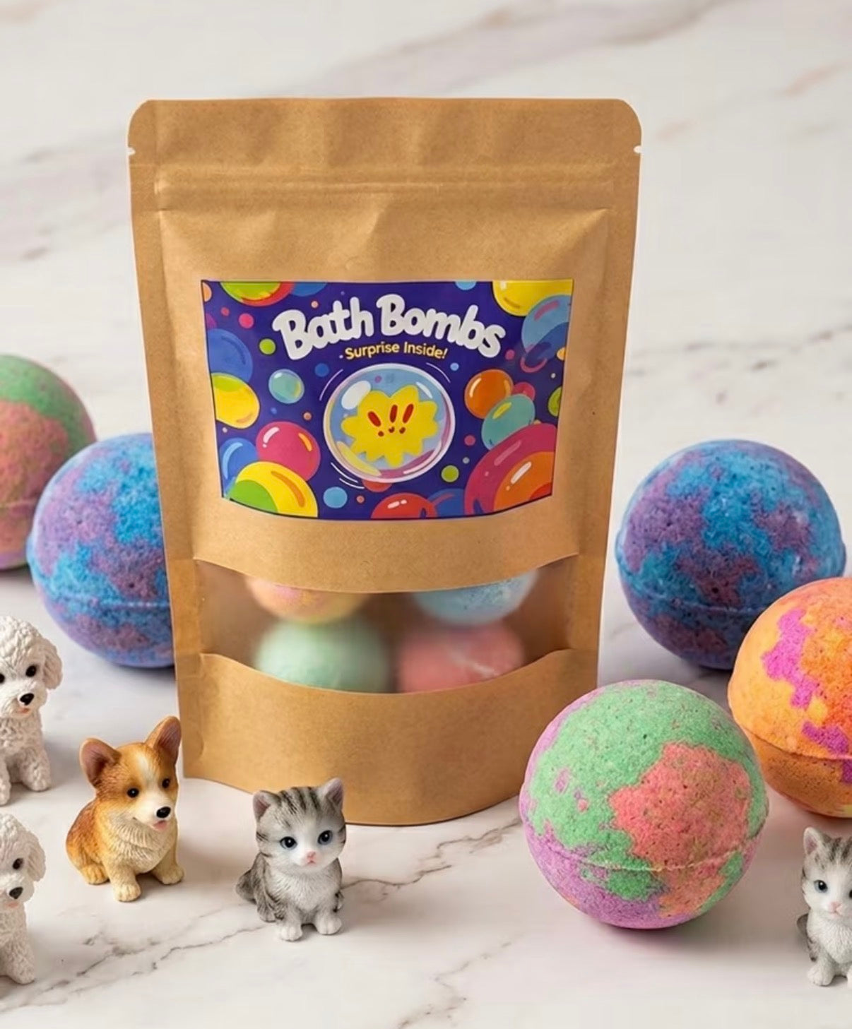 Shoppikala Magic Surprise Bath Bombs bath bomb with colorful swirling patterns and a sparkling finish in a clear container.