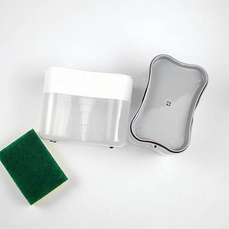 Shoppikala automatic soap dispenser bottle with 380ml capacity for liquid dish soap and sponge dispensing in a kitchen setting