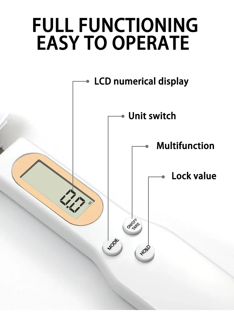 Shoppikala digital measuring spoon with LCD display showing 500g capacity, used for precise food and ingredient measurements.