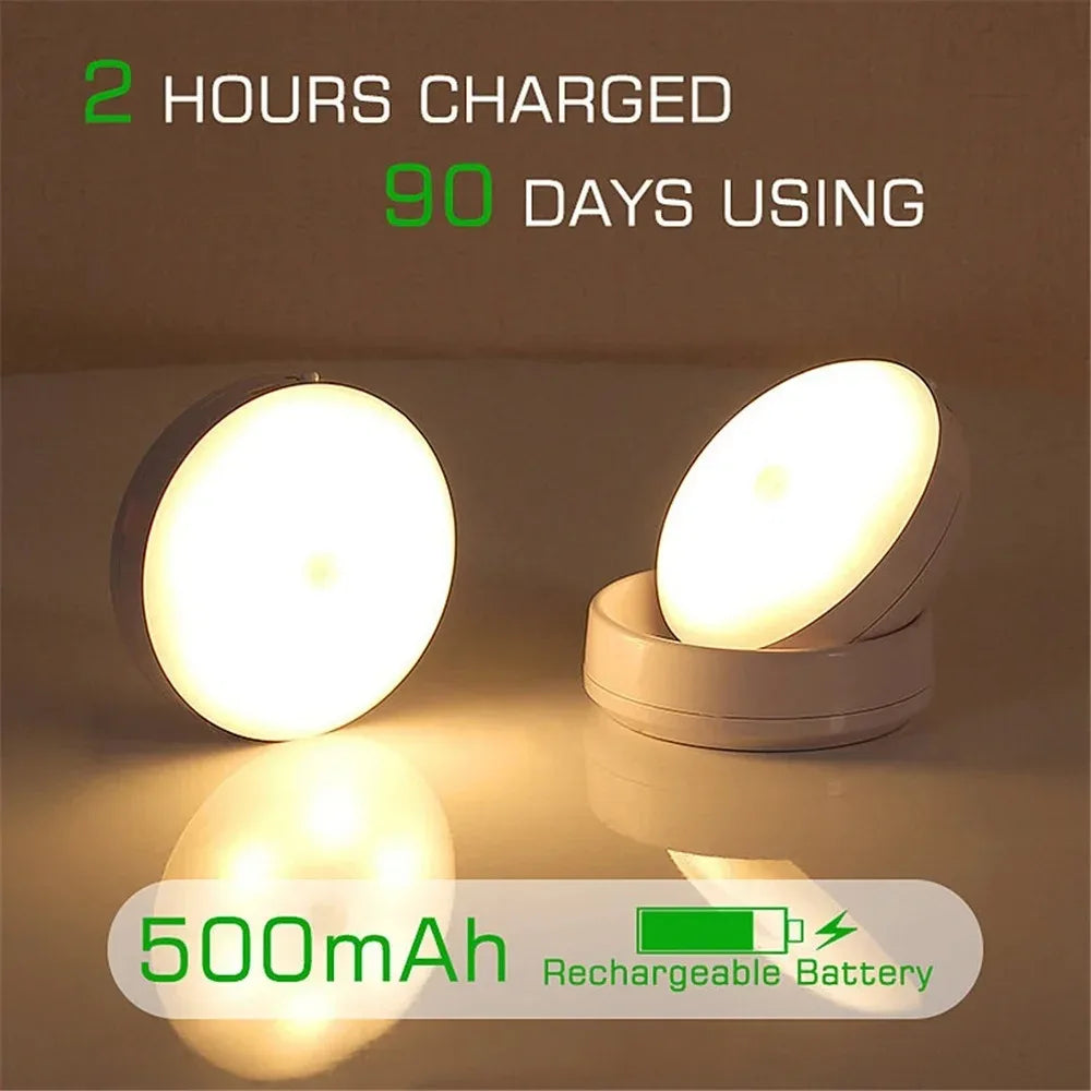 Shoppikala rechargeable wireless LED night lamp with motion sensor, 360° rotating magnetic base for kitchen, room, or bedside table.