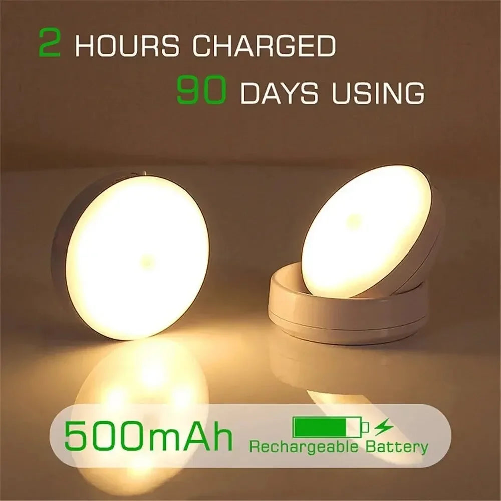 Rechargeable wireless LED night lamp with motion sensor, 360° rotating magnetic base, ideal for bedside tables and kitchen rooms.