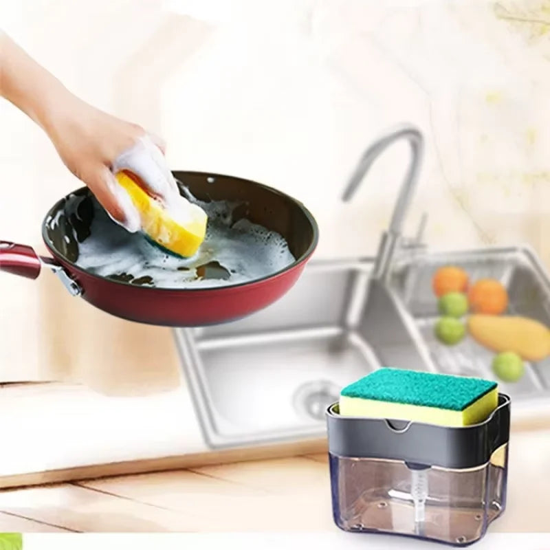 Shoppikala automatic soap dispenser bottle with 380ml capacity, kitchen dish soap pump, liquid detergent dispenser, and sponge holder.