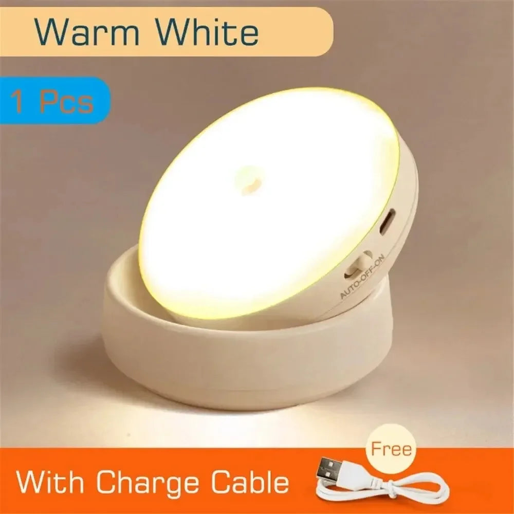 Rechargeable wireless LED night lamp with motion sensor, 360° rotating magnetic design for kitchen, bedroom, or bedside table.