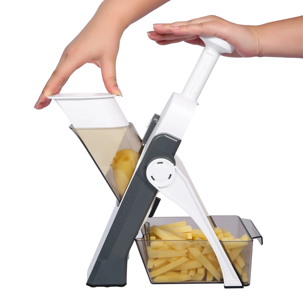 Shoppikala manual multifunction slicer with adjustable mandoline, food chopper, and vegetable cutter for kitchen prep.