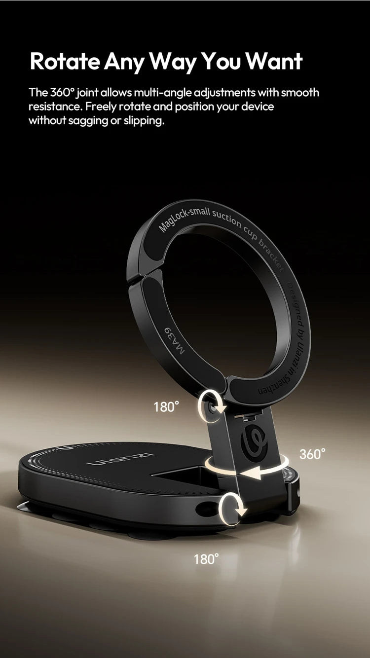 Ulanzi MA39 magnetic smartphone desktop stand with suction cup holding an iPhone on a glass window or laptop surface.