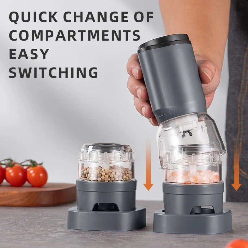 Shoppikala rechargeable electric pepper grinder set with adjustable coarseness and one-handed operation, showing salt and pepper mills.