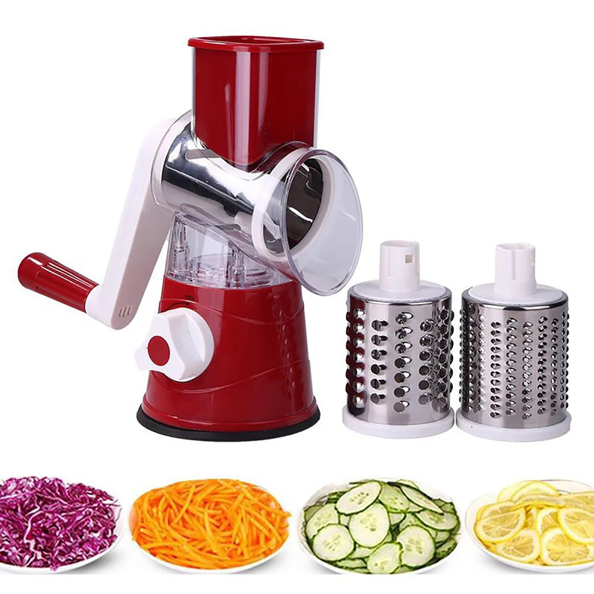 Shoppikala multifunctional vegetable slicer and shredder with three sharp drums for chopping cheese, peanuts, and vegetables manually.