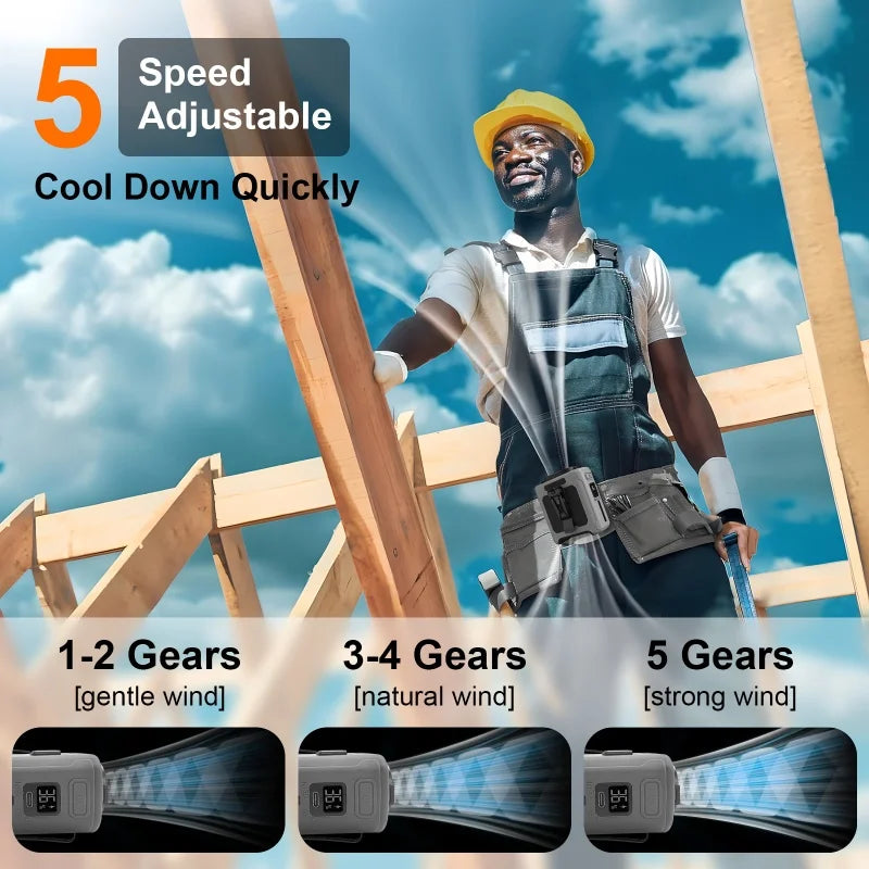 Shoppikala wearable waist fan with 10000mAh battery, 5 speeds, light, and hands-free cooling for outdoor jobs and travel.