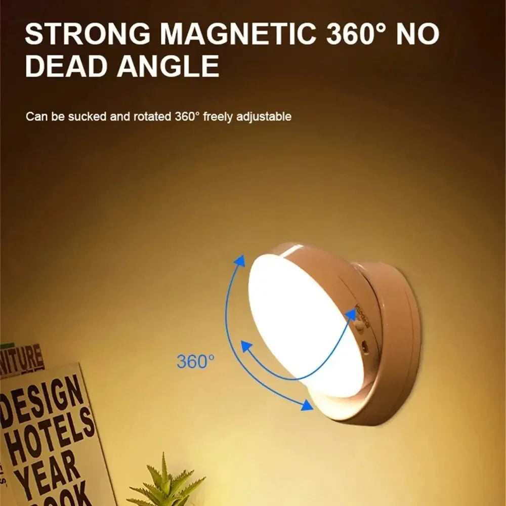 Rechargeable wireless LED night lamp with motion sensor, 360° rotating magnetic base, ideal for kitchen, bedside, or room lighting.