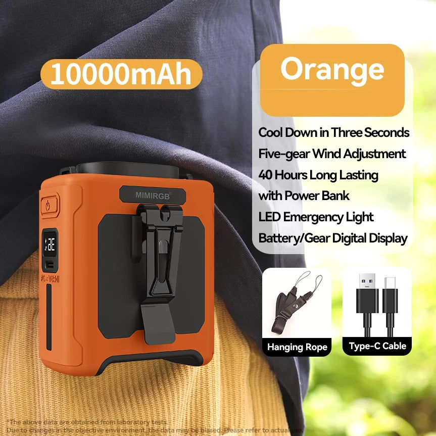 Shoppikala 10,000mAh wearable waist fan with light, 5 speeds, hands-free design, for outdoor work, travel, and cooling.