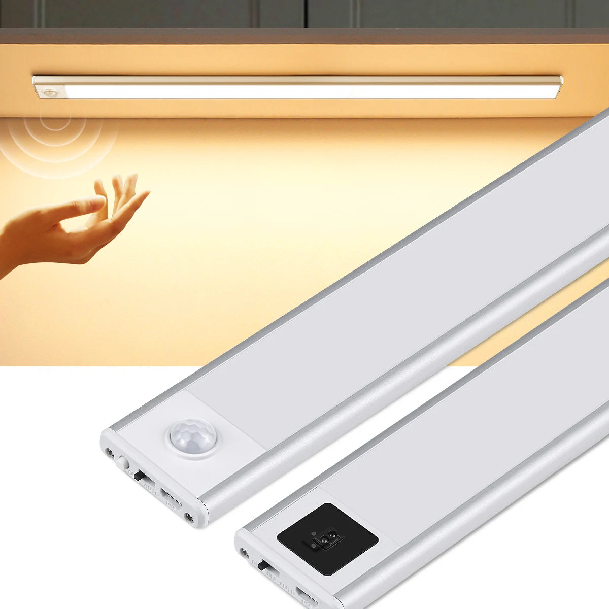 Shoppikala USB rechargeable motion sensor LED cabinet light illuminating a kitchen cabinet interior with a sleek design.