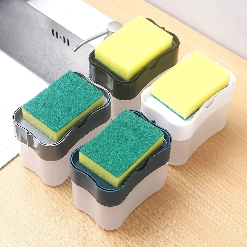 Shoppikala automatic soap dispenser bottle for liquid dish soap, 380ml, with manual pump and kitchen sponge holder.