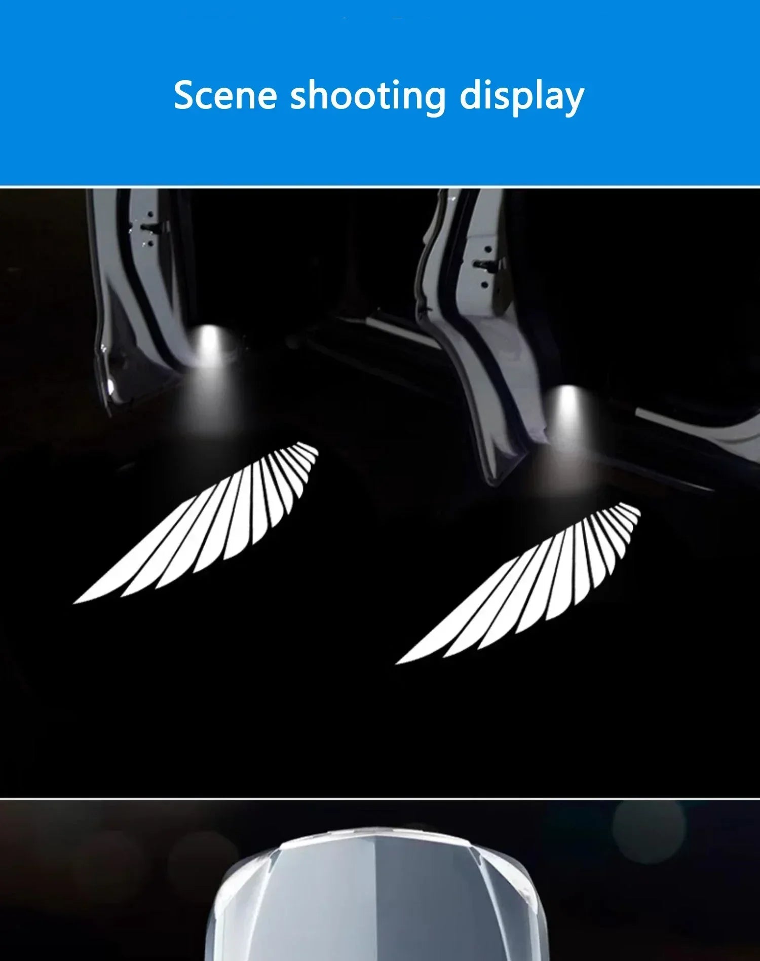 Wireless HD laser car door projector by shoppikala, battery-powered, no wiring, displayed projecting light onto car door for night entry.