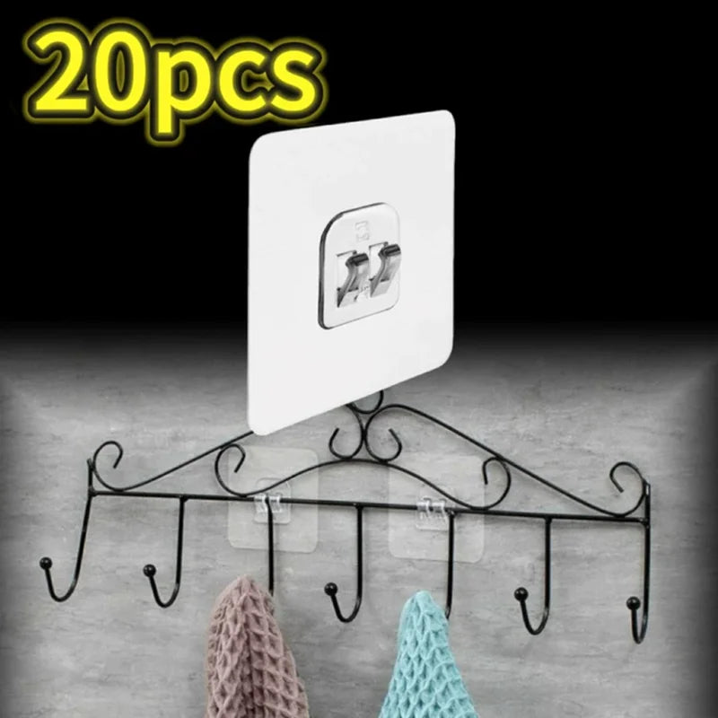 Shoppikala shower caddy adhesive hook mounted on bathroom wall holding soap dish and kitchen storage basket