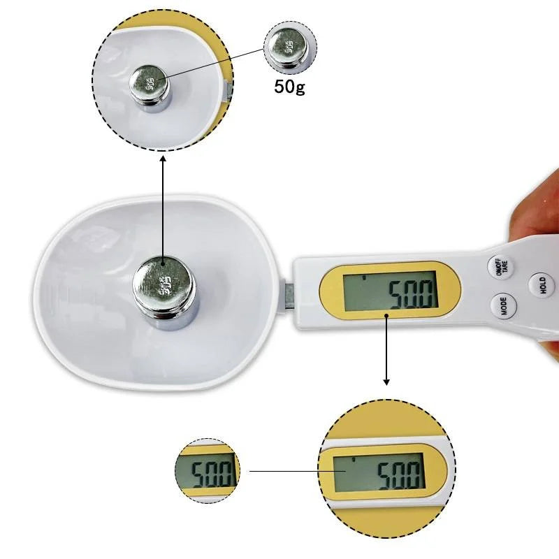 Shoppikala digital measuring spoon with LCD display, 500g capacity, used for precise measurements of milk, coffee, sugar in the kitchen.