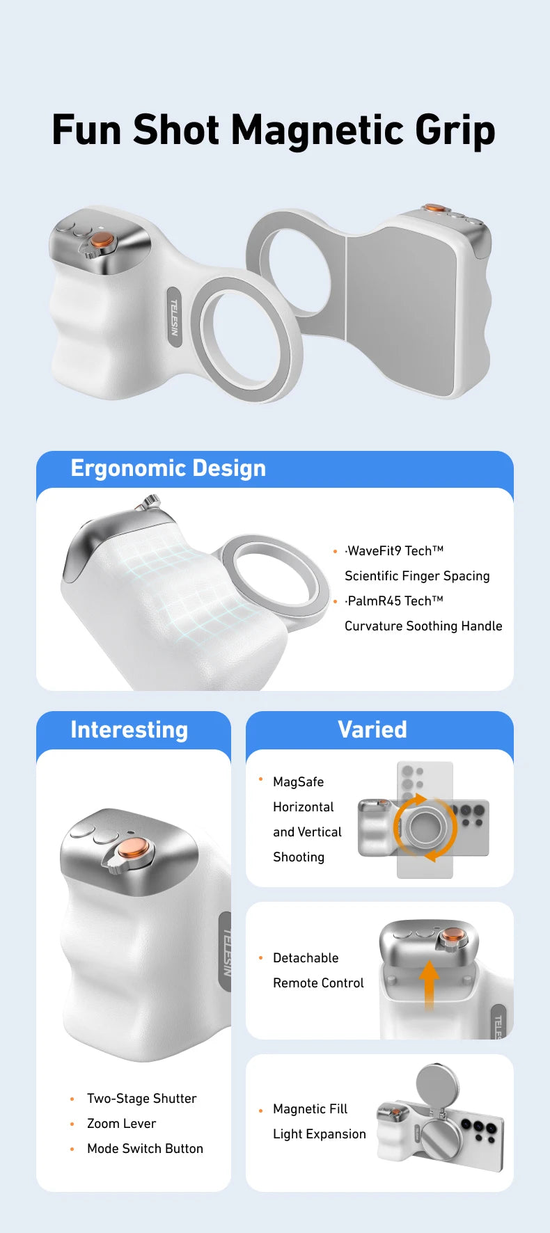 Shoppikala TELESIN phone camera shoot hand grip with magnetic holder, remote control for iPhone and Android smartphones.