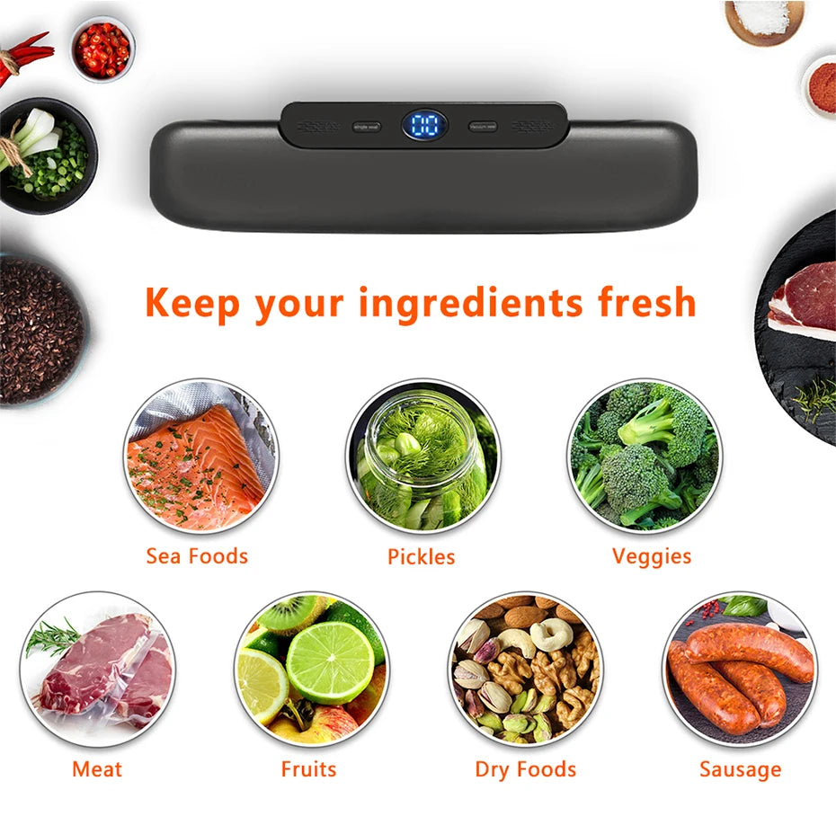 Shoppikala electric food vacuum sealer machine with vacuum bags, compact design for airtight food storage.
