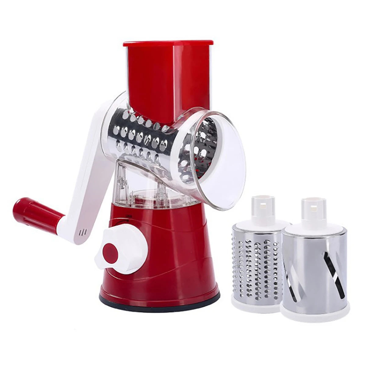 Shoppikala multifunctional vegetable slicer and shredder with three sharp drums, manual hand-operated grater and chopper for cheese and vegetables.