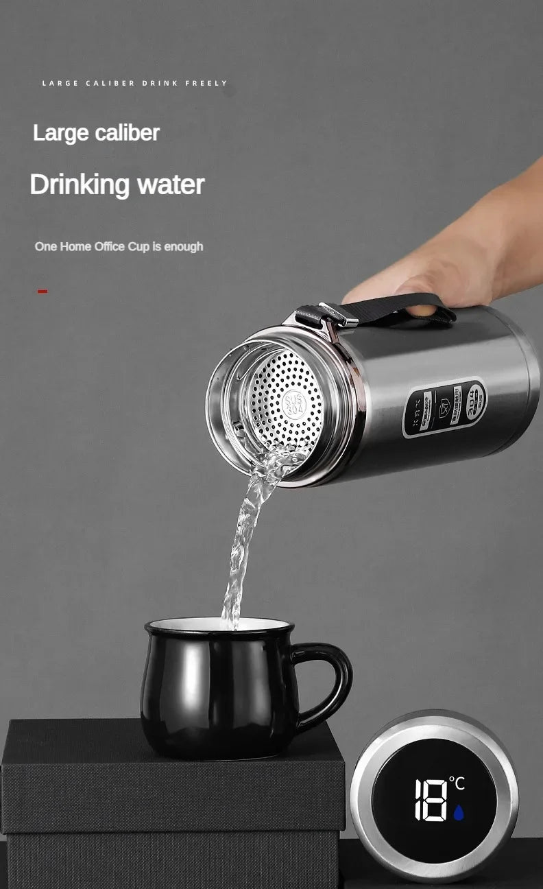Shoppikala stainless steel thermos bottle with LED temperature display, 500ml to 1L capacity, vacuum flask for tea and water.