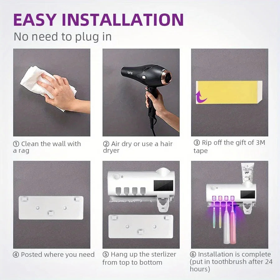Shoppikala 3-in-1 electric toothbrush holder with blue light disinfection, toothpaste dispenser, wall-mounted, no-drill USB charging.