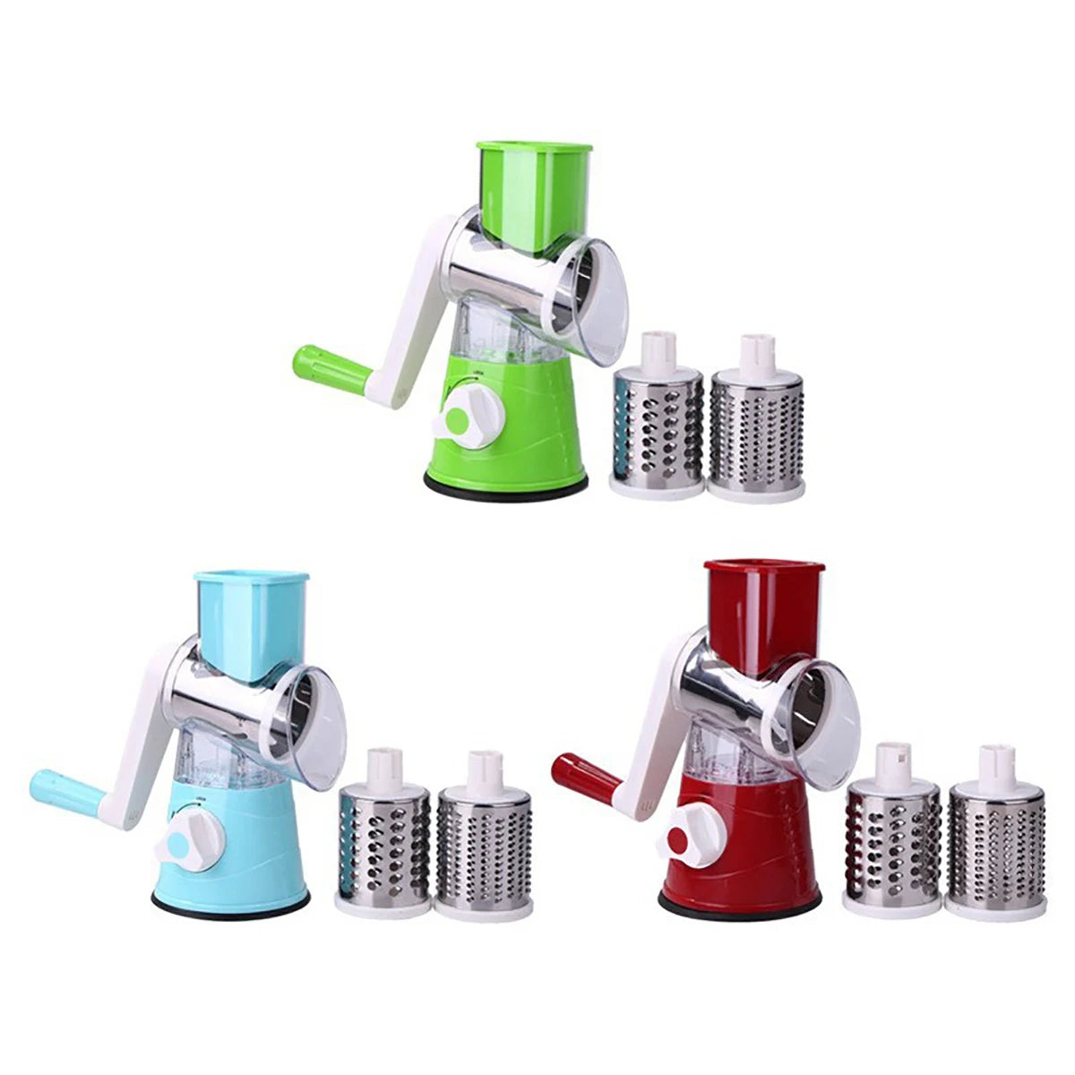 Shoppikala multifunctional vegetable slicer and shredder with three sharp drums for slicing, grating, and chopping vegetables and cheese.