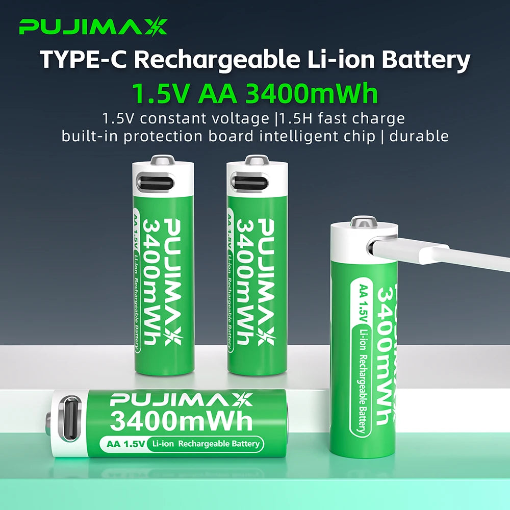 Shoppikala PUJIMAX rechargeable 1.5V AAA/AA lithium-ion battery with USB Type-C port for remote controls and electronic toys.
