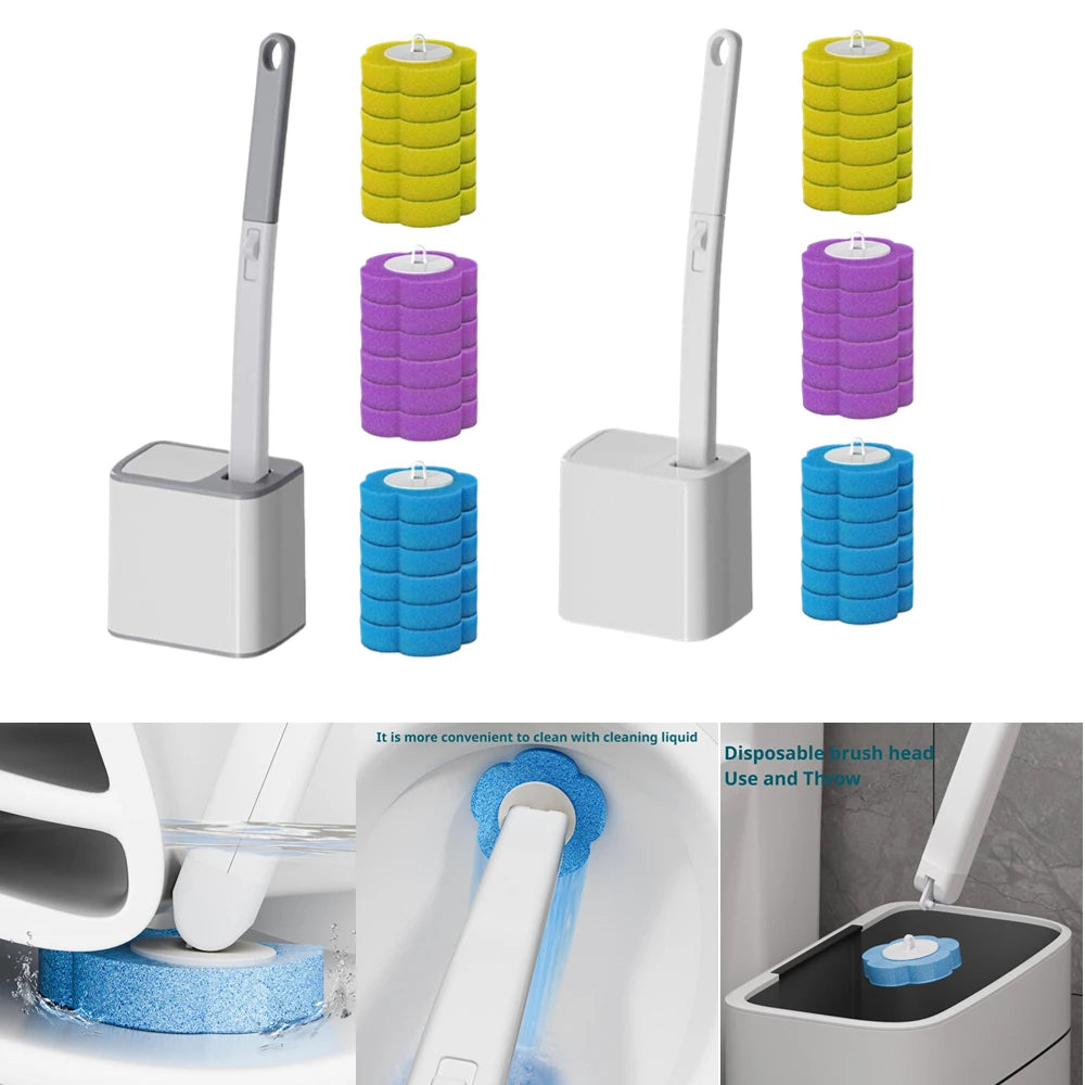 Disposable toilet brush with long handle and replacement heads by shoppikala, shown with cleaning brush and replacement heads.