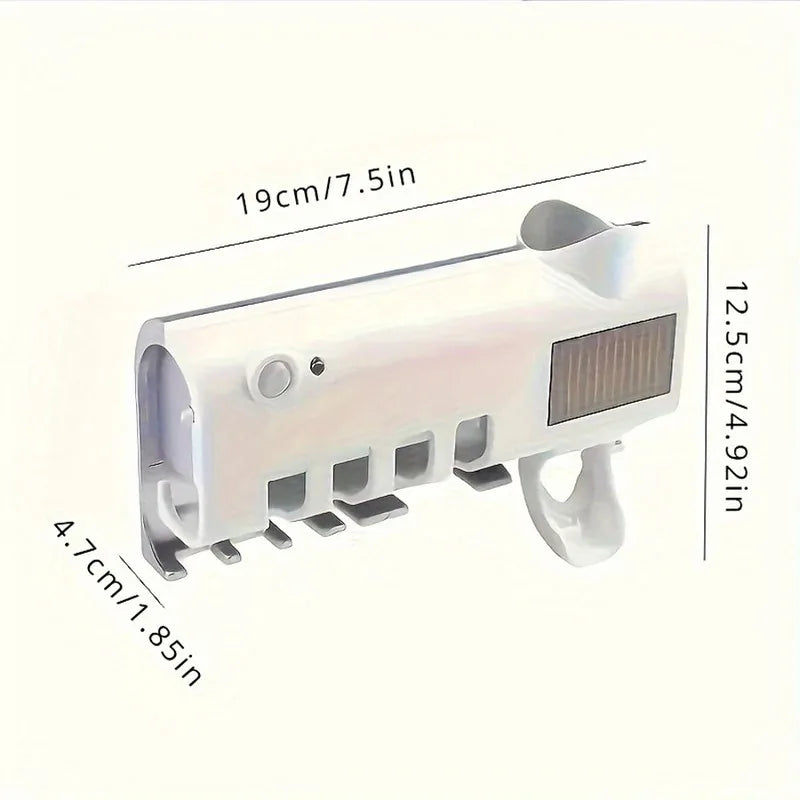 Shoppikala 3-in-1 electric blue wall-mounted toothbrush holder with toothpaste dispenser, no-drill design and USB charging port.