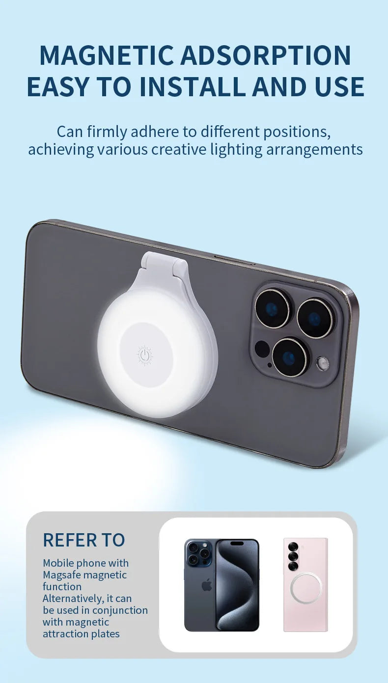 Shoppikala portable magnetic selfie fill light attached to a smartphone, rechargeable for selfies, TikTok, and live streaming.