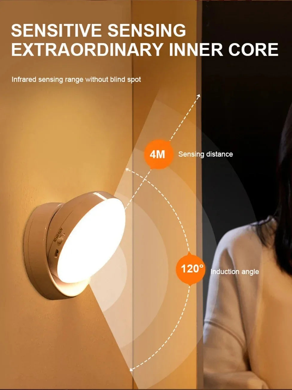 Rechargeable wireless LED night lamp with motion sensor, 360° rotating magnetic base, ideal for bedside, kitchen, or room lighting
