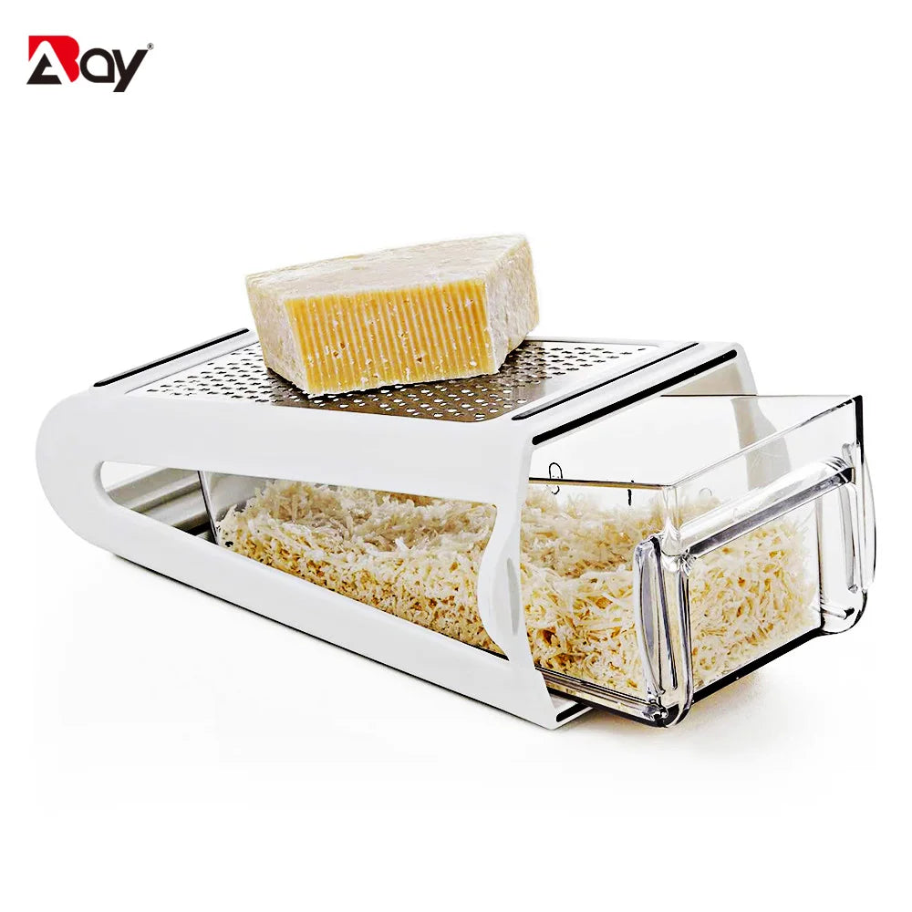 Shoppikala stainless steel cheese grater with storage container, dual-sided box grater for vegetables, ginger, and potatoes in kitchen.