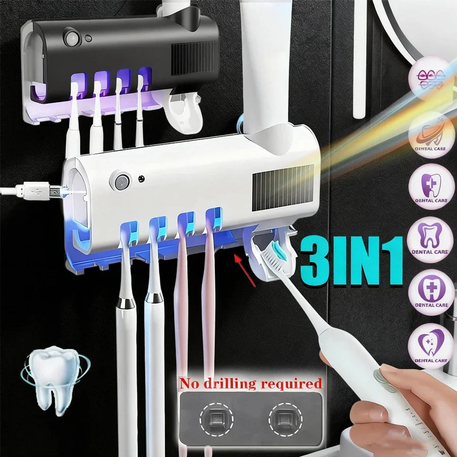 Shoppikala upgraded 3-in-1 electric blue light disinfection toothbrush holder with toothpaste dispenser, wall-mounted, USB charging, no drill