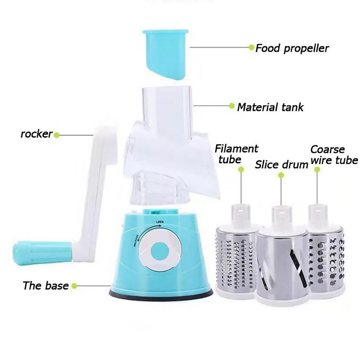 Shoppikala multifunctional vegetable slicer with three sharp drums for slicing, shredding, and chopping fruits, cheese, and nuts.