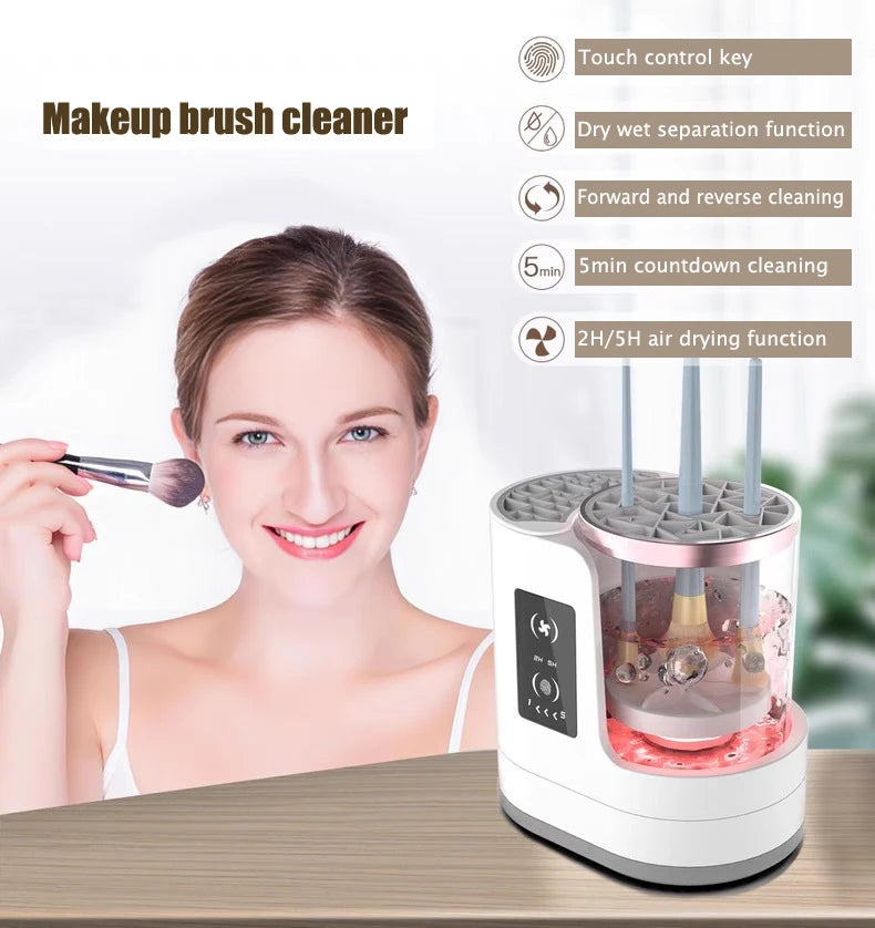 Shoppikala 3-in-1 USB electric makeup brush cleaner machine with rotating brush heads for easy makeup brush cleaning.