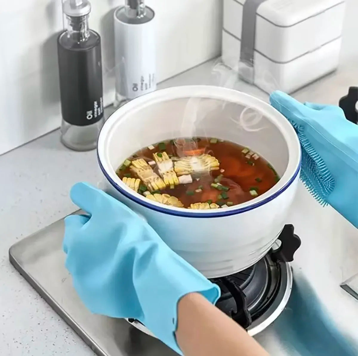 Shoppikala silicone dishwashing gloves with built-in scrubber for kitchen cleaning, shown with textured surface and flexible design.