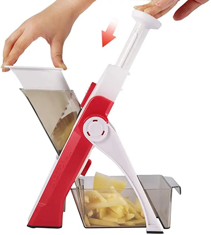 Shoppikala manual slicer with adjustable mandoline for vegetables, fruits, and potatoes, featuring food chopper and cutter attachments.
