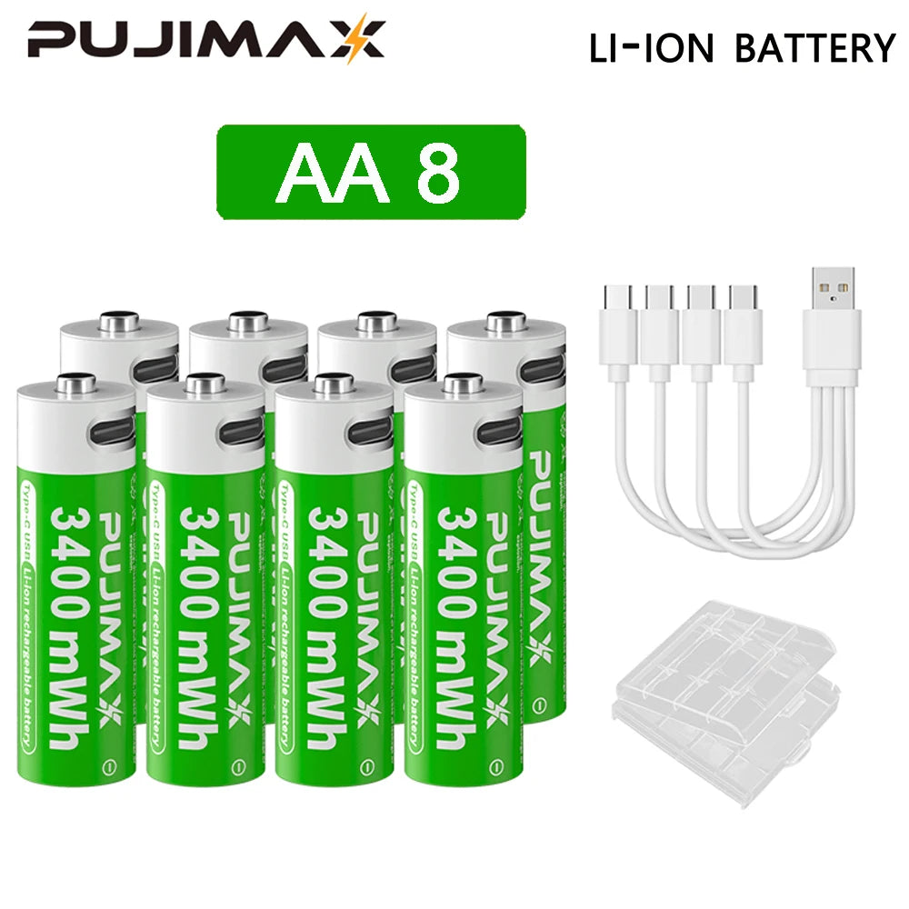 Shoppikala PUJIMAX rechargeable 1.5V AAA/AA lithium-ion battery with USB-C port, suitable for remote controls and electric toys.