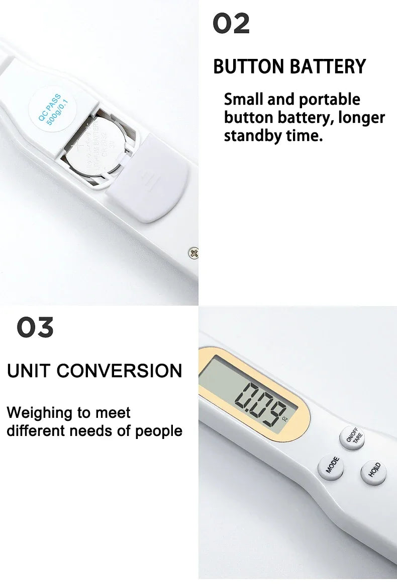 Shoppikala digital measuring spoon with LCD display, 500g capacity, for precise milk, coffee, sugar weighing in the kitchen.