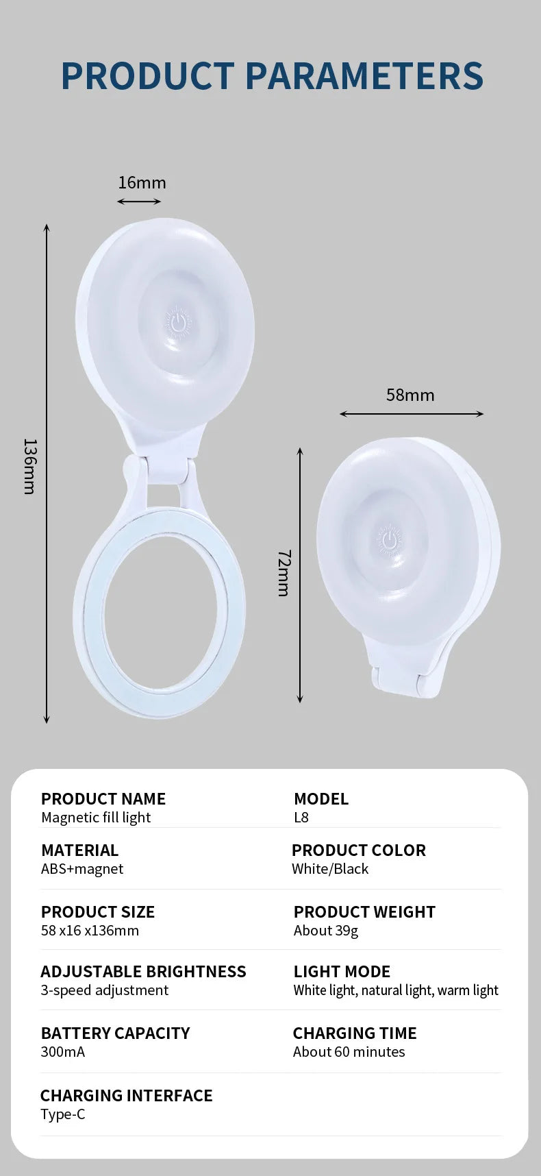 Shoppikala portable magnetic selfie fill light attached to a smartphone, rechargeable for selfies, TikTok, and live streaming.