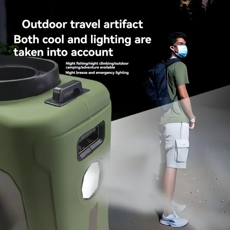 Shoppikala 10,000mAh wearable waist fan with 5 speeds, LED light, hands-free design, ideal for outdoor jobs and travel.