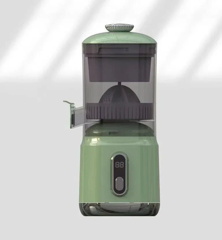 Portable Shoppikala electric orange juicer with pulp separation, USB charging, 600ml capacity, used for citrus fruit juice extraction.